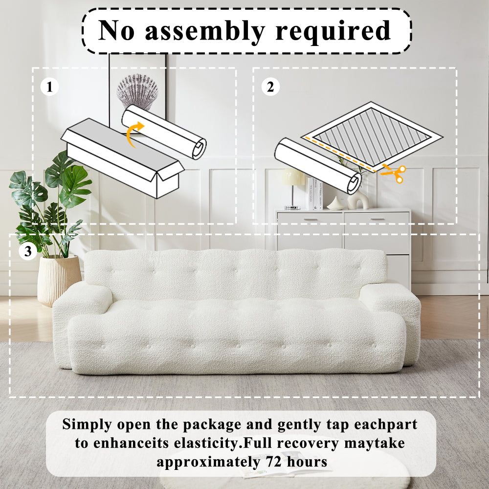 87.4" Cloud Series 3-Seat Minimalist Button-Tufted Sofa | Square Arm Chenille Upholstered Couch | High-Density Foam + Padded Backrest | No Assembly Required | Living Room, Apartment | White/Green/Black