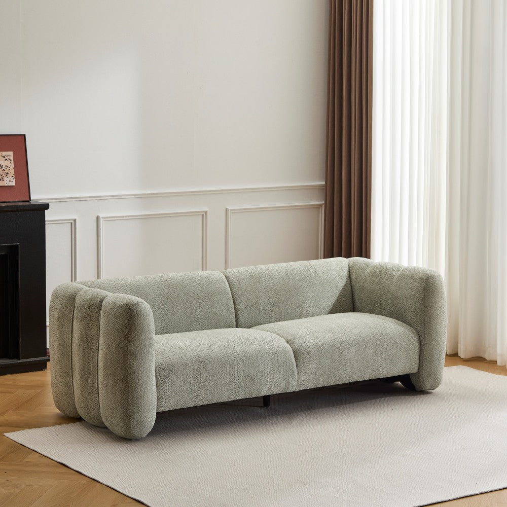83" Modern Wave Design 3-Seat Boucle Sofa | Graceful Curved Silhouette | High-Resilience Foam + Thickened Cushions | Sturdy Wood Frame | 900 lbs Capacity | Living Room, Bedroom, Apartment | Light Green/Beige/Camel