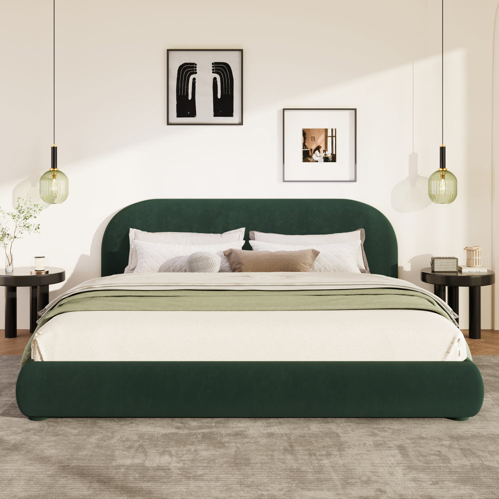 Queen/King Size Boucle Upholstered Platform Bed | Curved Ergonomic Headboard | Granular Fabric Texture | 800 lbs Heavy Duty | No Box Spring Needed | 40-Min Assembly | Cream / Green