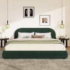 Queen/King Size Boucle Upholstered Platform Bed | Curved Ergonomic Headboard | Granular Fabric Texture | 800 lbs Heavy Duty | No Box Spring Needed | 40-Min Assembly | Cream / Green