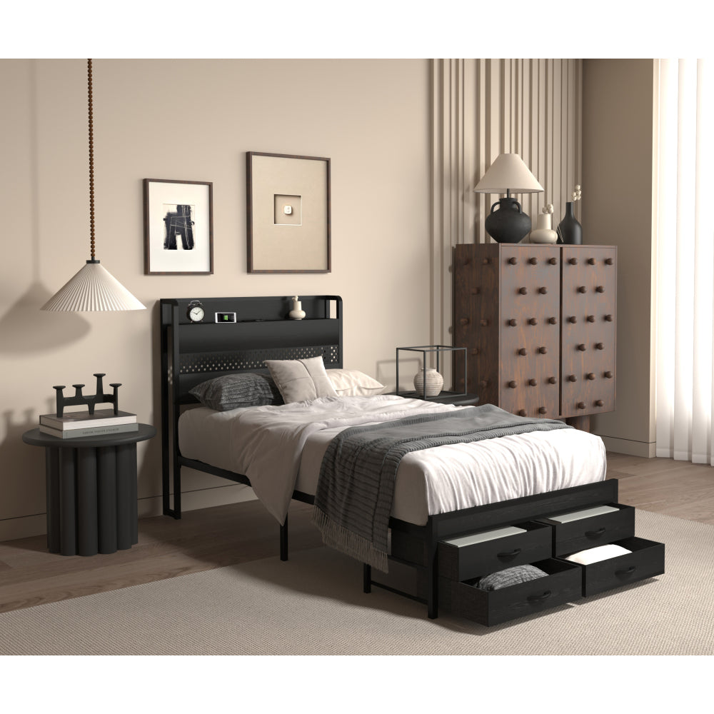 Twin/Full/Queen Size Metal Platform Bed with 4 Storage Drawers | Headboard Charging Station 2 Outlets & 2 USB | 16 RGB LED Lights 60000+ Colors | Heavy Duty Steel Slats | No Box Spring Needed | Black