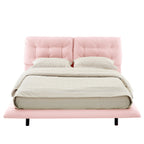 Queen Size PU Leather Floating Platform Bed | Button Tufted Segmented Headboard | Remote-Controlled LED Light Strip 6 Colors | 800 lbs | Hidden Leg Design | No Box Spring Needed | Pink / White / Khaki