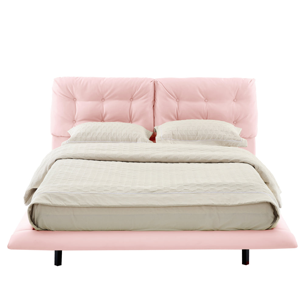 Queen Size PU Leather Floating Platform Bed | Button Tufted Segmented Headboard | Remote-Controlled LED Light Strip 6 Colors | 800 lbs | Hidden Leg Design | No Box Spring Needed | Pink / White / Khaki