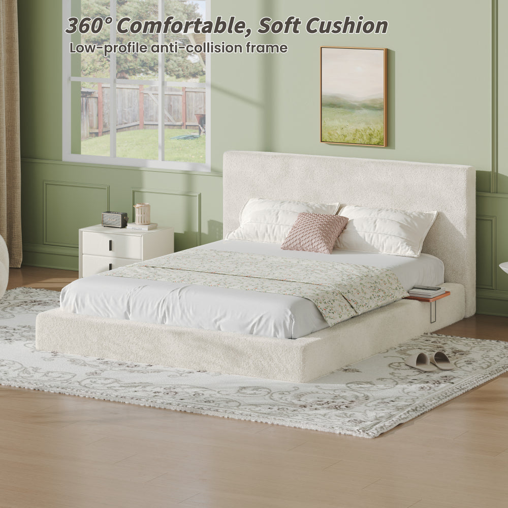Queen/King Size Cloud Upholstered Platform Bed | Adjustable Sliding Side Shelves | Sherpa Chenille Fabric | CertiPUR-US & OEKO-TEX Certified Foam | Anti-Collision Low Profile | No Box Spring Needed | Off White
