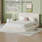 Queen/King Size Cloud Upholstered Platform Bed | Adjustable Sliding Side Shelves | Sherpa Chenille Fabric | CertiPUR-US & OEKO-TEX Certified Foam | Anti-Collision Low Profile | No Box Spring Needed | Off White