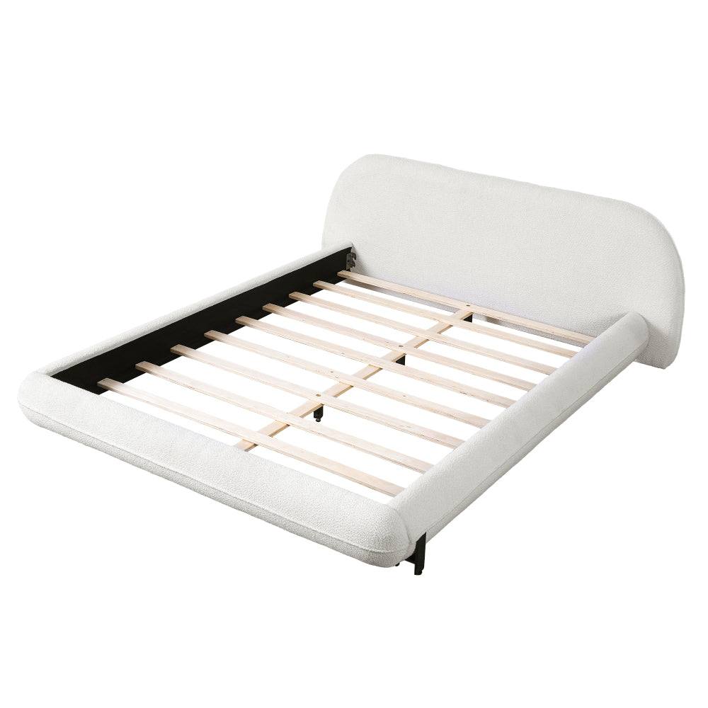 Queen/King Size Boucle Upholstered Platform Bed | Thick Curved Headboard | Solid Wood Center Legs & Dual Steel Outer Legs | 500 lbs | Embedded Structure | No Box Spring Needed | White