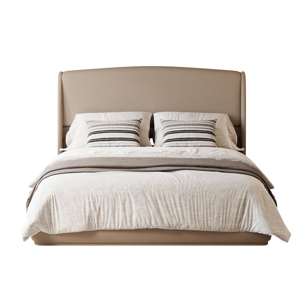 Queen Size Linen Upholstered Platform Bed | Curved Wingback Headboard | Fully Upholstered Frame | Solid Wood & Reinforced Slats | No Box Spring Needed | Easy Assembly | Beige / Brown