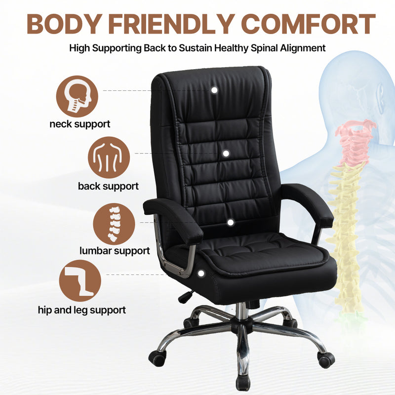 Executive High-Back PU Leather Office Chair | Spring Seat Cushion | Ergonomic Height Adjustment | Chrome Armrests | Reinforced Metal Frame | 360° Swivel | Floor-Friendly Casters | 350 lbs Capacity | Home Office | Black/Camel