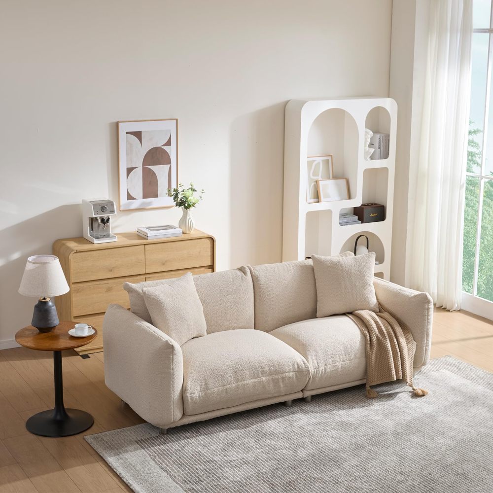 87.4" Sherpa Cloud 3-Seater Loveseat Sofa | Precision-Tailored Stitching | High-Density Foam Fill | Solid Hardwood Frame with Reinforced Joints | Stain-Resistant Velvet | 2 Pillows Included | White / Beige