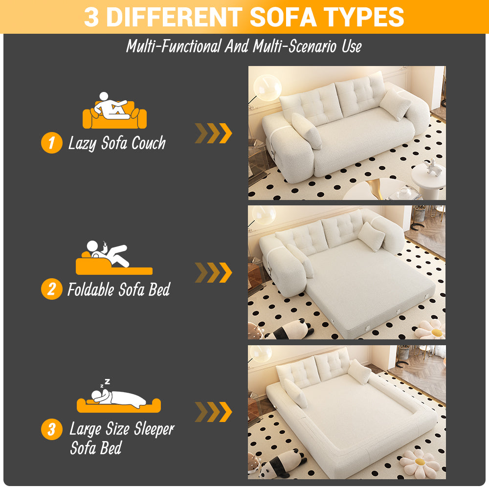 78.7" 3-in-1 Foldable Floor Sofa Bed | Teddy Fabric | High-Density Foam | Non-Slip Bottom | Headrest & Lumbar Pillow | Sofa / Lounge / Bed Convertible | Beige/Green/Gray/Pink/Black/Dark Blue/Brown