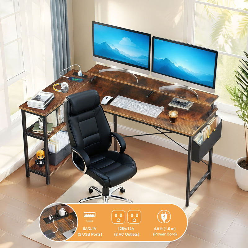 47" L-Shaped Gaming Desk | Reversible Corner Computer Desk | 2 Power Outlets + 2 USB Ports | Monitor Stand + Storage Shelves + CPU Holder + Side Bag | MDF + Metal Frame | Home Office, Bedroom, Small Space | Black/Brown Vintage