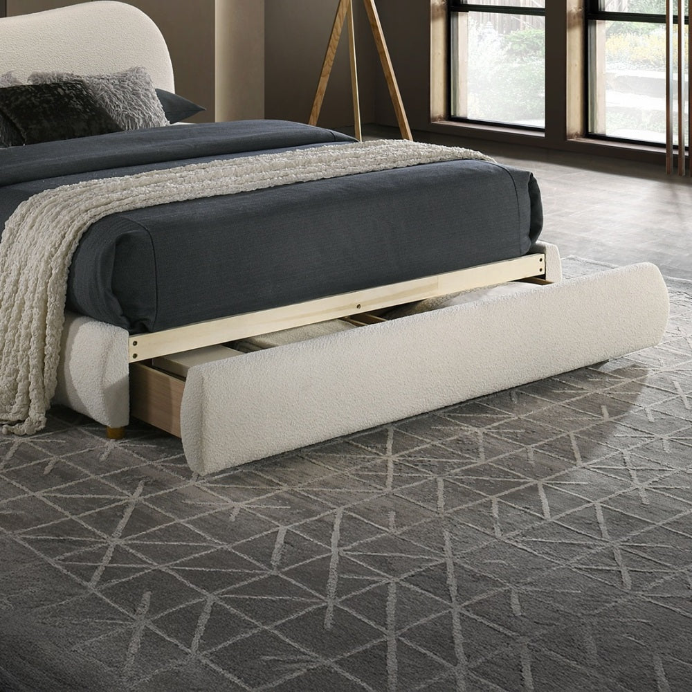 Queen Size Boucle Upholstered Platform Bed | Curved Cloud Headboard & Footboard Storage Drawer | Solid & Engineered Wood | Contemporary Style