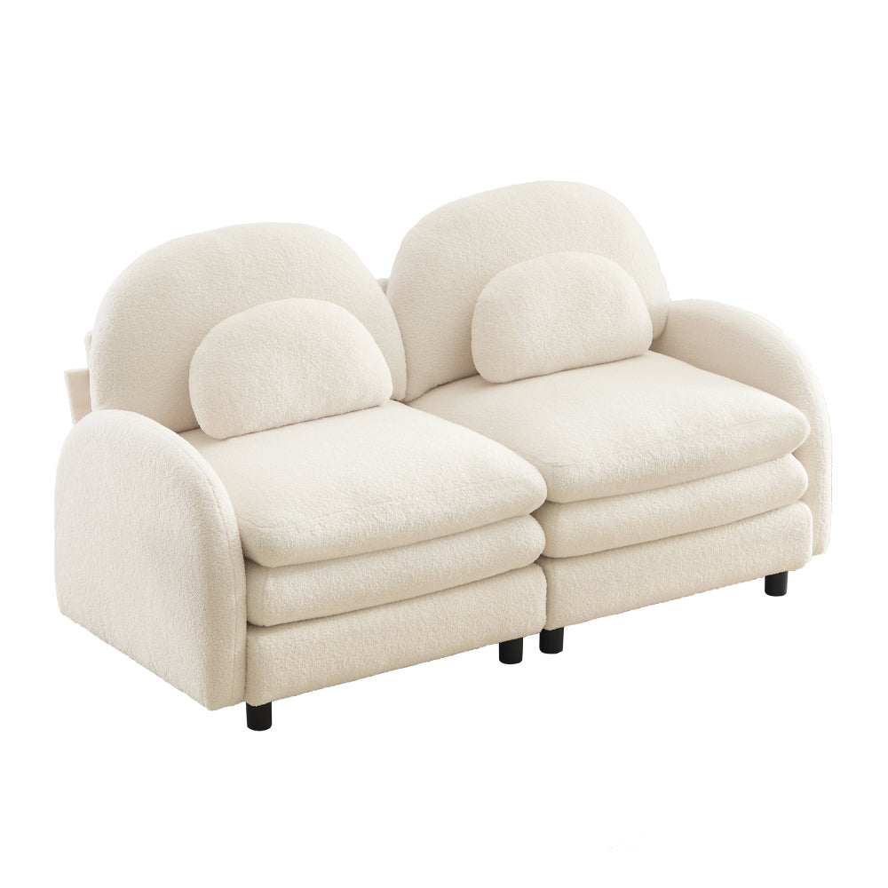 2-Seat Modular Teddy Fabric Cloud Sofa | Curved Backrest & Armrest | Double-Layer Cushion | Vintage Color Options | Precision Screw Connectors | Easy Assembly | Beige White / Green / Orange / Caramel