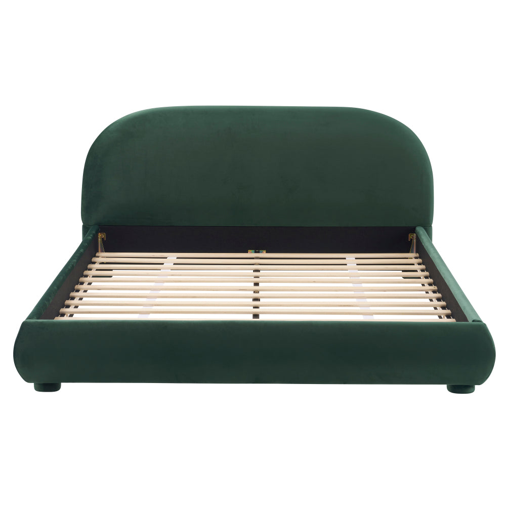 Queen/King Size Boucle Upholstered Platform Bed | Curved Ergonomic Headboard | Granular Fabric Texture | 800 lbs Heavy Duty | No Box Spring Needed | 40-Min Assembly | Cream / Green