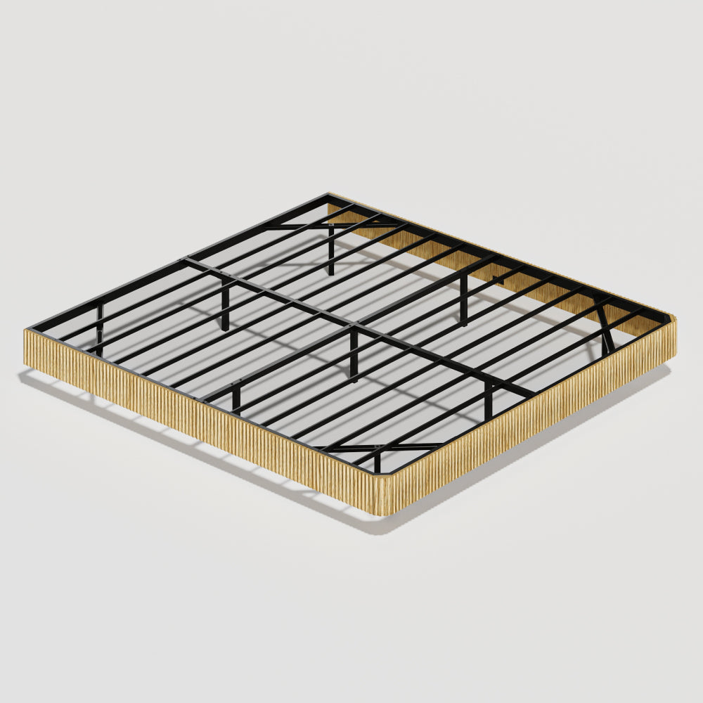 Oak King Floating Bed Frame with LED Lights, Wave Curve Wood Texture Bed with Heavy Duty Metal Slats - No Box Spring Needed.