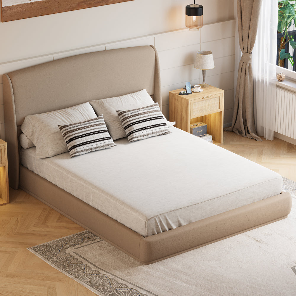 Queen Size Linen Upholstered Platform Bed | Curved Wingback Headboard | Fully Upholstered Frame | Solid Wood & Reinforced Slats | No Box Spring Needed | Easy Assembly | Beige / Brown