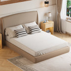 Queen Size Linen Upholstered Platform Bed | Curved Wingback Headboard | Fully Upholstered Frame | Solid Wood & Reinforced Slats | No Box Spring Needed | Easy Assembly | Beige / Brown