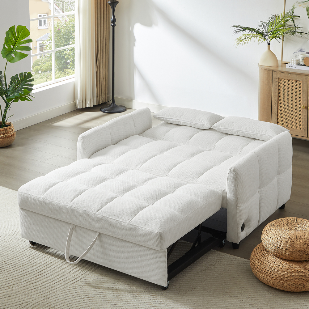 52.8" Loveseat Pull-Out Sleeper Sofa Bed | 2-Seat Tufted Chenille Couch | Adjustable Backrest 90°/135°/180° | 3 Built-In USB Ports | High-Density Foam | 2 Lumbar Pillows | Sturdy Multi-Wood Frame | Beige/Gray/Blue/Green