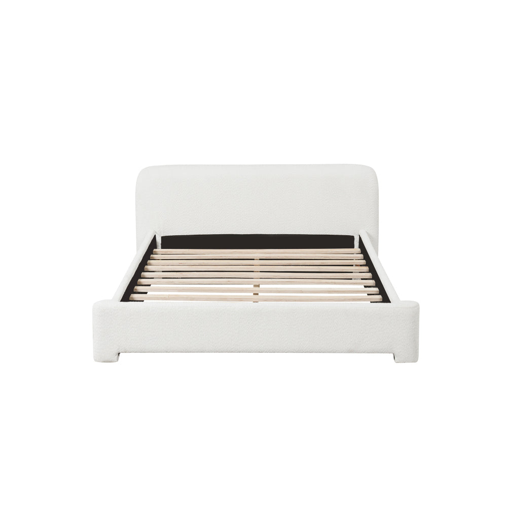 White Boucle Upholstered Low Profile Platform Bed | Birch & Engineered Hardwood Frame | 400-600 lbs | No Box Spring Needed | Full / Queen / King