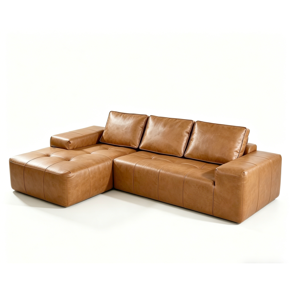 Boneless Couches for Living Room, Brown Faux Leather Cloud Sectional Couches with Chaise, Deep Seat L Shaped Modular Sofa, No Assembly Required Sofas in a Box (Left,Faux Leather,Brown)