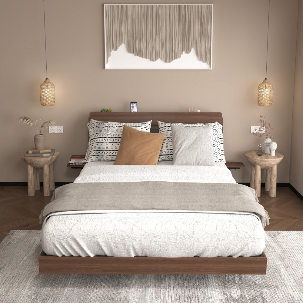 Full/Queen Size Wood Platform Bed with Bookshelf Storage Headboard | 2 Drawers | 2 AC Outlets 1 USB 1 Type-C Charging Station | 60,001 Color LED Lights APP Control | No Box Spring | Brown/Black/Walnut