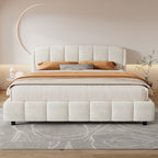 Queen/King Size Boucle Upholstered Platform Bed | Curved Rounded Headboard | Solid Plywood & Steel Frame | Plush Looped Yarn Fabric | No Box Spring Needed | 30-Min Easy Assembly | Beige