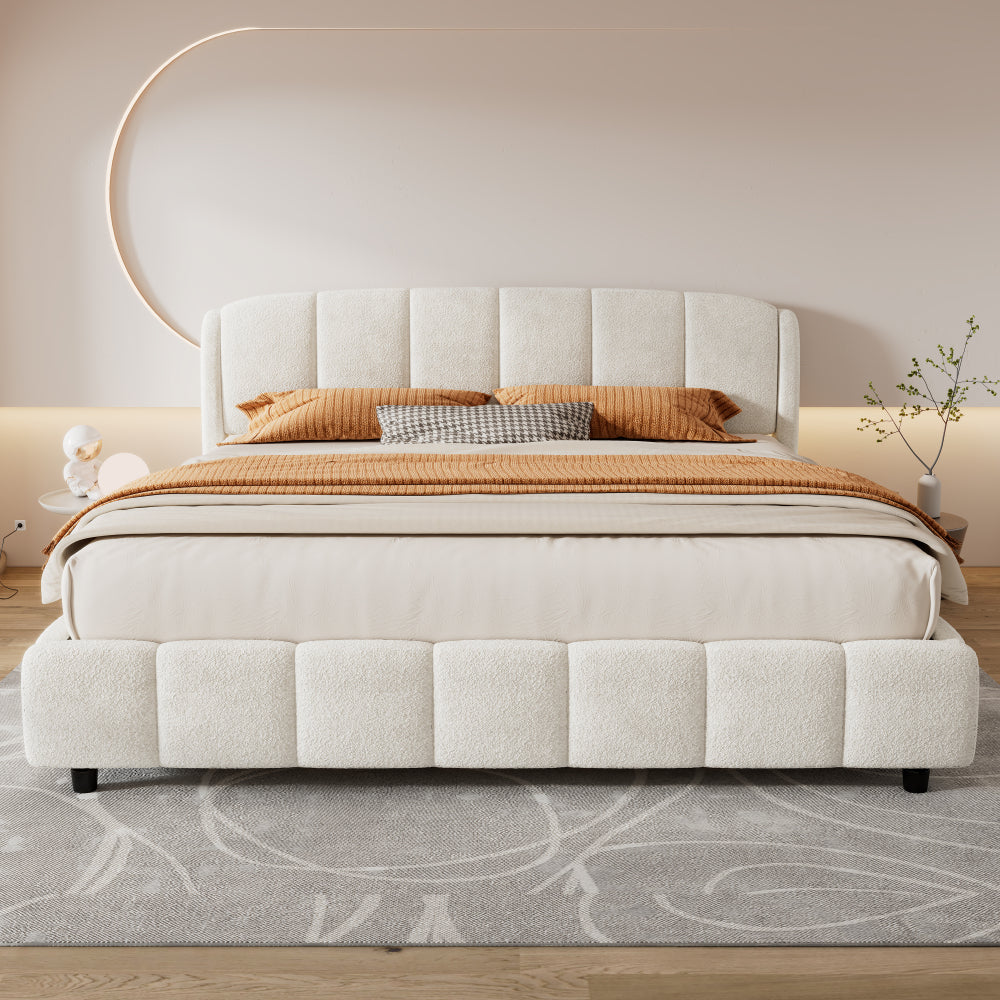 Queen/King Size Boucle Upholstered Platform Bed | Curved Rounded Headboard | Solid Plywood & Steel Frame | Plush Looped Yarn Fabric | No Box Spring Needed | 30-Min Easy Assembly | Beige