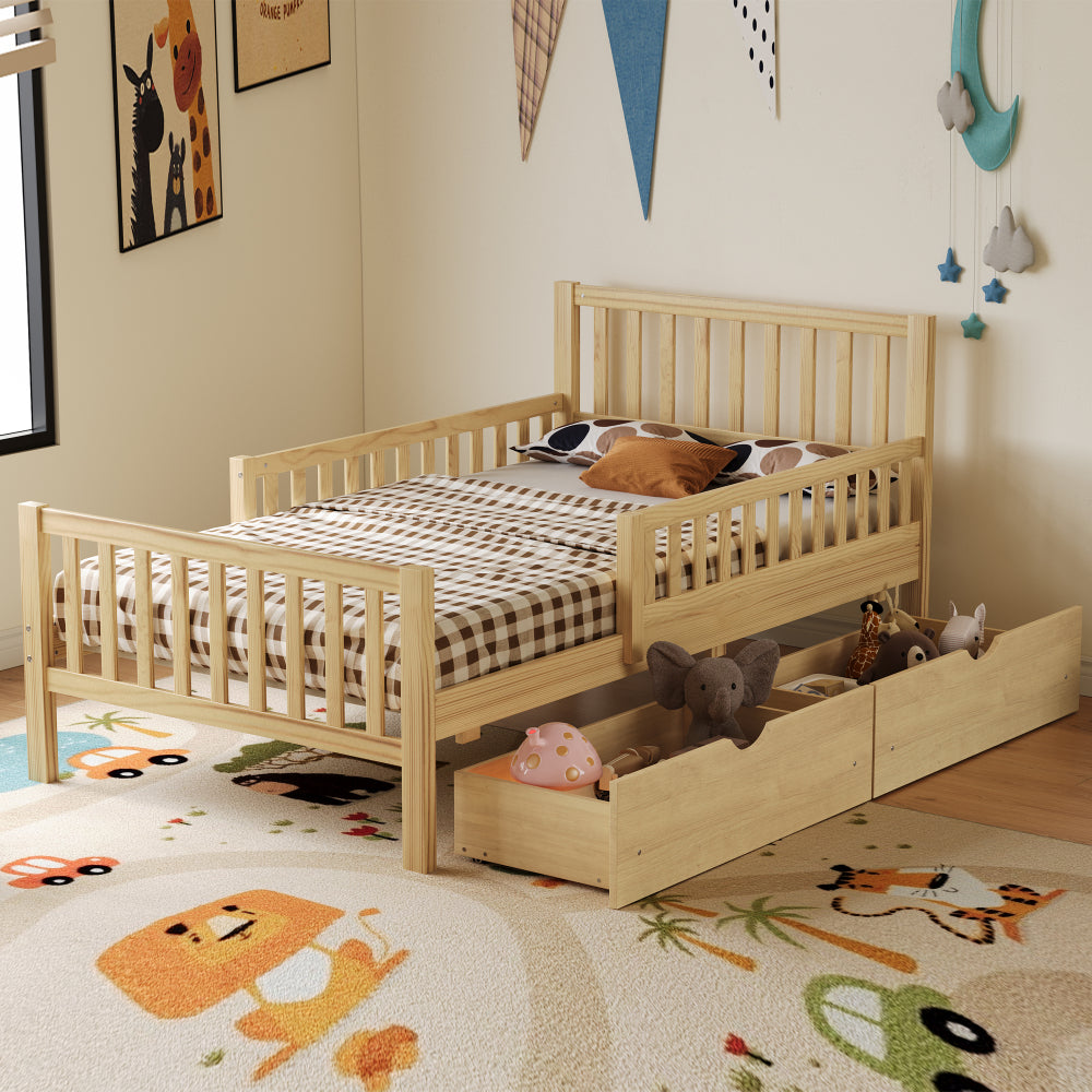 Wood Platform Bed with Guardrails on Both Sides