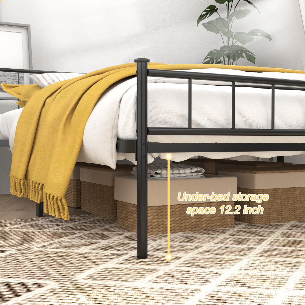 Full/Queen Size Metal Platform Bed Frame | Classic Spindle Headboard & Footboard | Reinforced Sturdy Structure | Ample Under-Bed Storage | No Box Spring Needed | Black