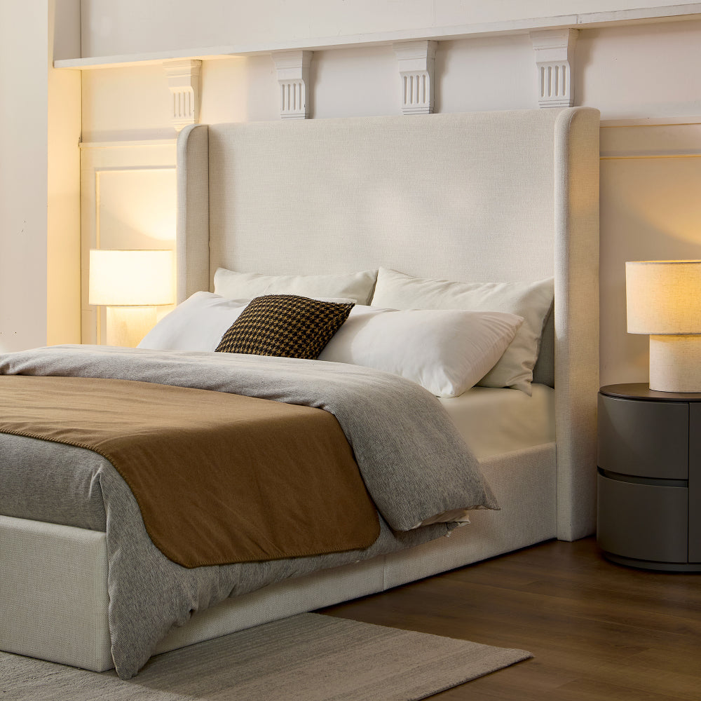 Full/Queen/King Size Upholstered Wingback Platform Bed | 51.5" Curved Headboard | Premium Canvas Fabric | 1000 lbs Heavy Duty | Eucalyptus & Metal Frame | No Box Spring | 30-Min Assembly | Ivory