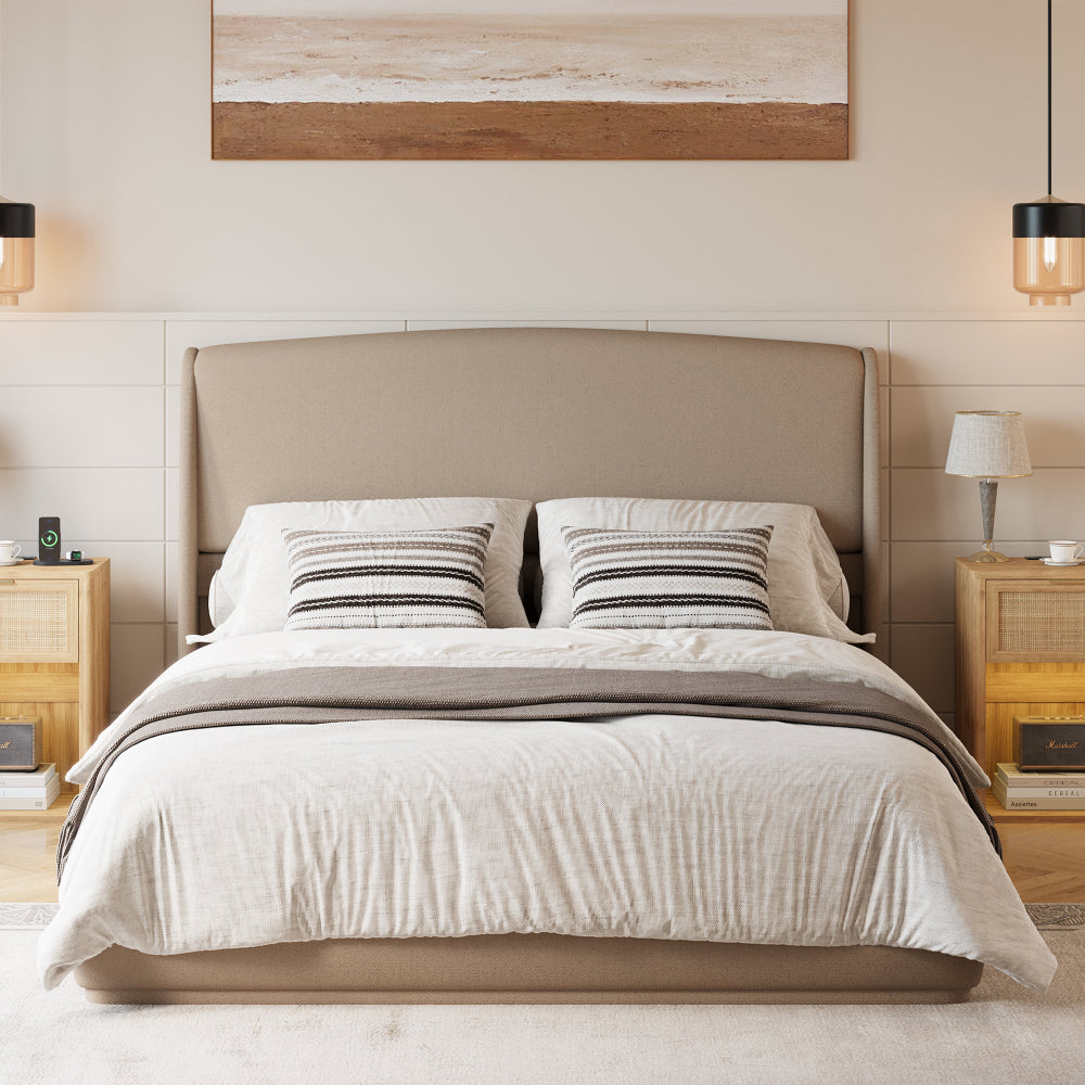 Queen Size Linen Upholstered Platform Bed | Curved Wingback Headboard | Fully Upholstered Frame | Solid Wood & Reinforced Slats | No Box Spring Needed | Easy Assembly | Beige / Brown