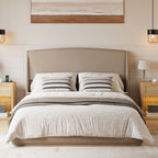 Queen Size Linen Upholstered Platform Bed | Curved Wingback Headboard | Fully Upholstered Frame | Solid Wood & Reinforced Slats | No Box Spring Needed | Easy Assembly | Beige / Brown
