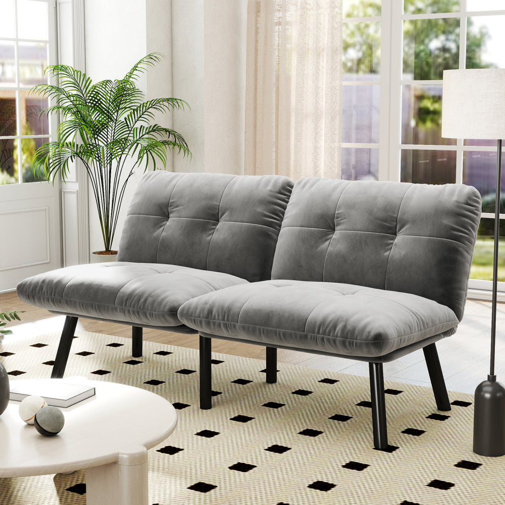 63" Convertible Folding Sofa Bed | 2-Seat Velvet Upholstered Couch | Adjustable Multi-Angle Backrest | Sofa, Lounger & Twin Bed | Metal Frame | 800 lbs Capacity | Easy Assembly | Living Room, Apartment | Cream/Aqua Gray/Brown