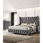 Queen/King Size Wingback Platform Bed | Vertical Channel Tufted Fabric Headboard | Nailhead Trim | Crystaline Acrylic Knobs | Solid & Engineered Wood | No Box Spring Needed | Gray