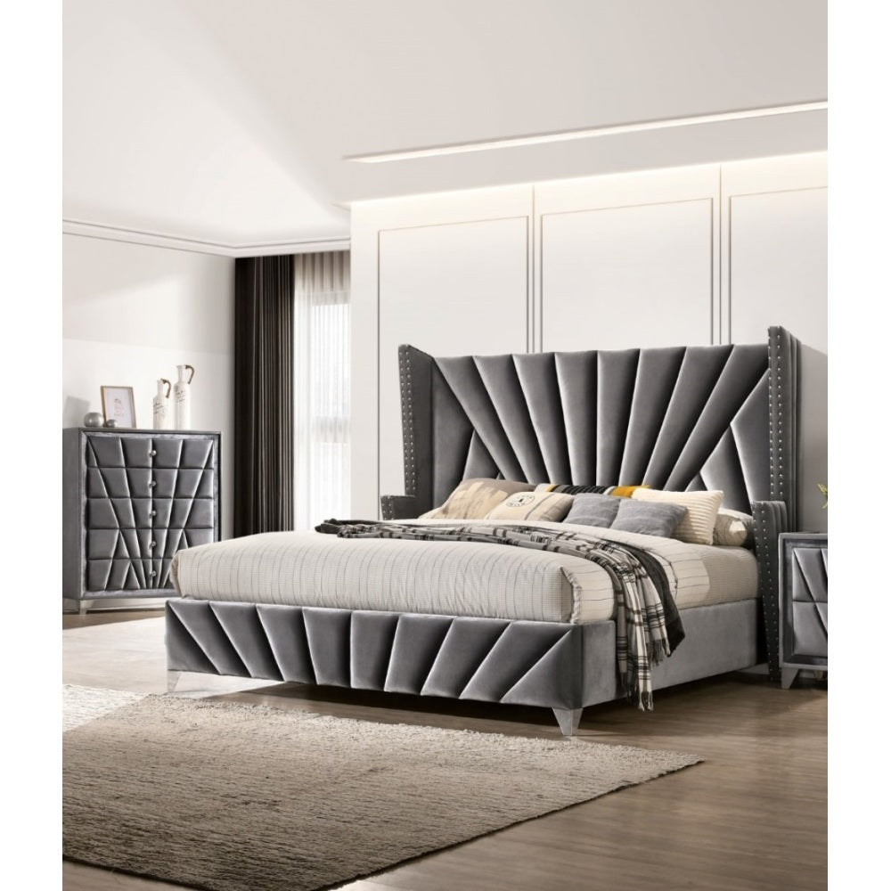 Queen/King Size Wingback Platform Bed | Vertical Channel Tufted Fabric Headboard | Nailhead Trim | Crystaline Acrylic Knobs | Solid & Engineered Wood | No Box Spring Needed | Gray