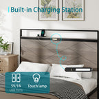 Full Size Wood & Metal Platform Bed | Storage Headboard with LED Touch Light & USB + Type-C Charging | Large Under-Bed Storage | Rust-Proof Steel | No Box Spring Needed | Antique Gray