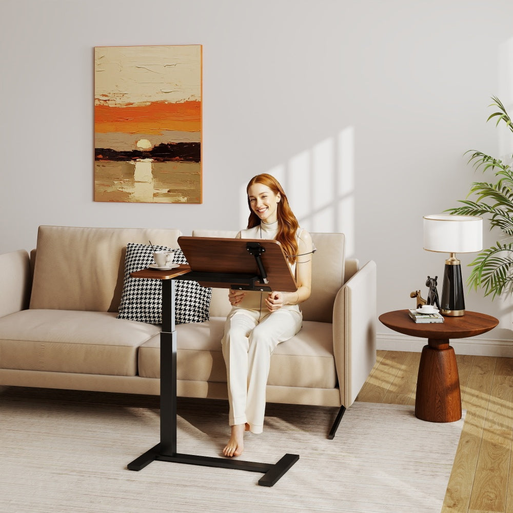Mobile Adjustable Standing Desk — Overbed Bedside Desk with Flip Desktop & 4 Wheels | Height & Angle Adjustable Rolling Laptop Table | Portable Over Bed Desk | H-Shaped Base | MDF & Metal | Home, Office, Study | Walnut + Black