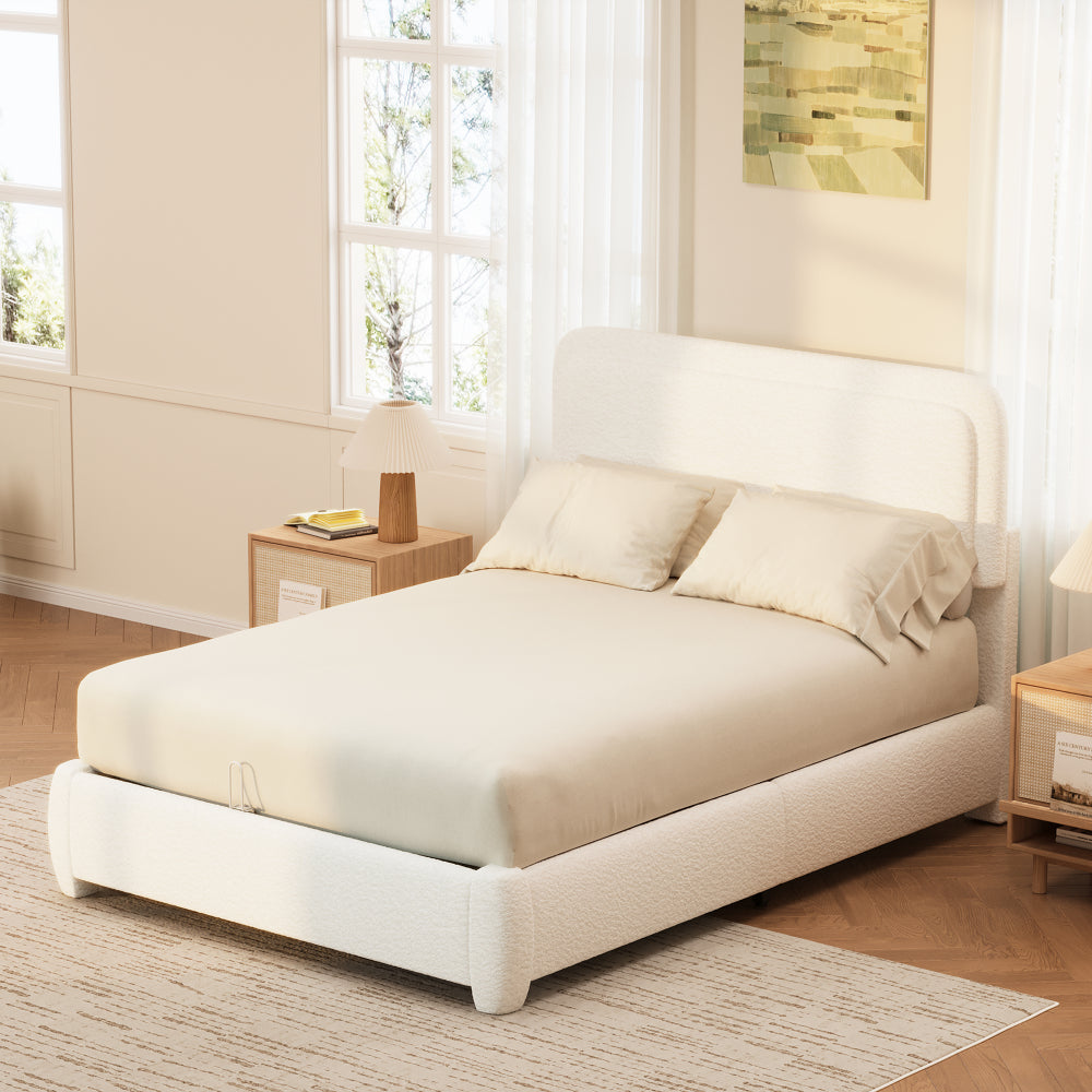 Full/Queen Size Boucle Platform Bed | Adjustable Curved Cloud Headboard 41"-43" | Foam Filled | Rounded Corner Protection | Low Profile | No Box Spring Needed | White