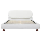 Queen/King Size Cream Boucle Upholstered Platform Bed | Smooth Curved Design | Gourd-Shaped Rubberwood Legs | 800 lbs Heavy Duty | No Box Spring Needed | 30-40 Min Assembly | White/Cream
