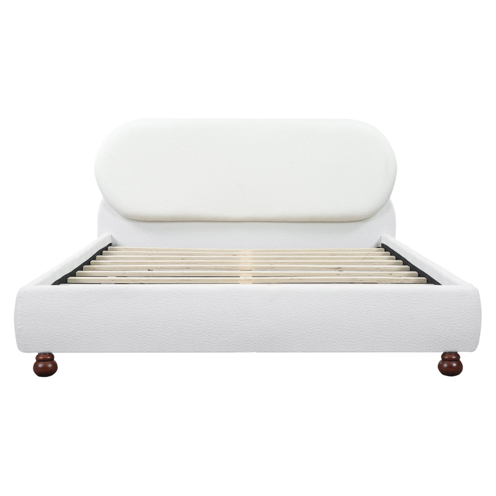 Queen/King Size Cream Boucle Upholstered Platform Bed | Smooth Curved Design | Gourd-Shaped Rubberwood Legs | 800 lbs Heavy Duty | No Box Spring Needed | 30-40 Min Assembly | White/Cream