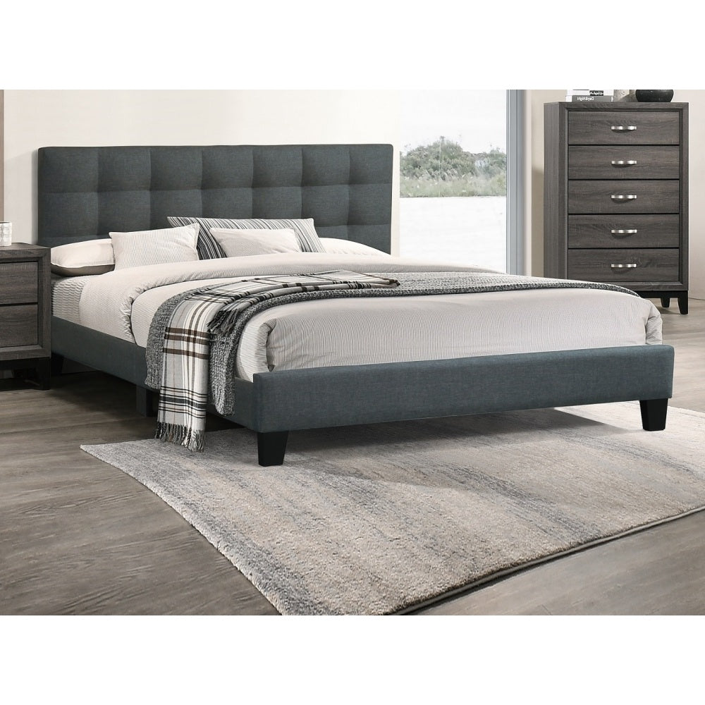 Queen Size Upholstered Platform Bed | Square Tufted Linen-Like Polyfiber Headboard | Particle Board & Rubberwood Frame | Footboard Included | No Box Spring Needed | Charcoal / Gray