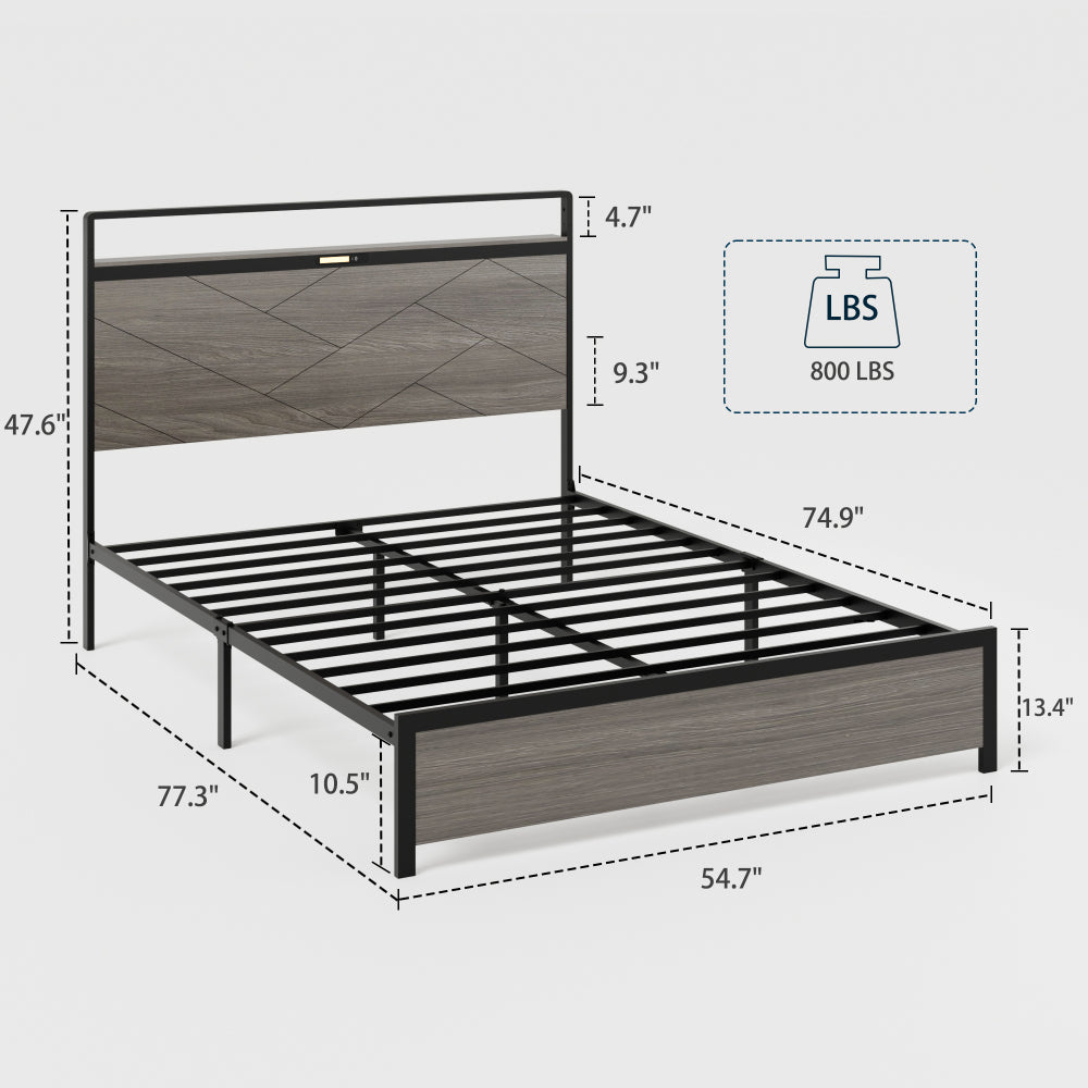 Full Size Wood & Metal Platform Bed | Storage Headboard with LED Touch Light & USB + Type-C Charging | Large Under-Bed Storage | Rust-Proof Steel | No Box Spring Needed | Antique Gray