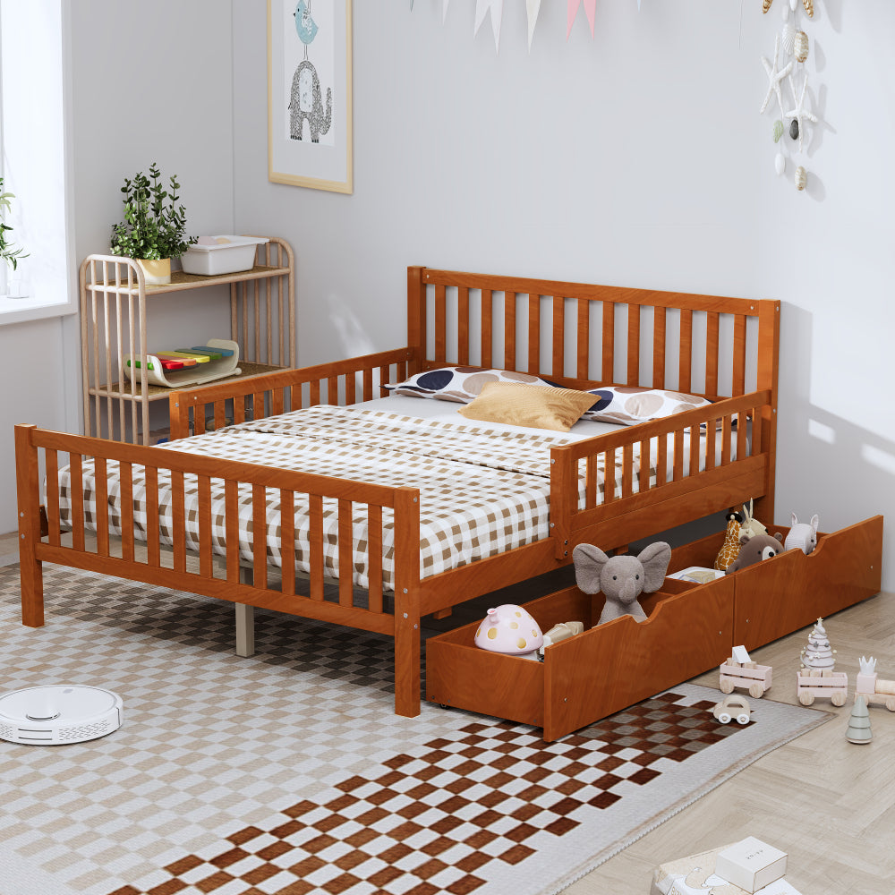 Wood Platform Bed with Guardrails on Both Sides