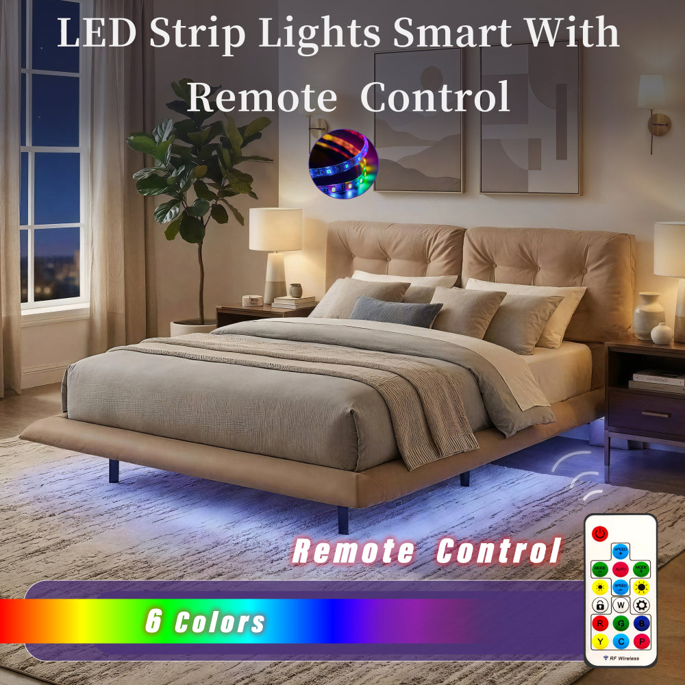 Queen Size PU Leather Floating Platform Bed | Button Tufted Segmented Headboard | Remote-Controlled LED Light Strip 6 Colors | 800 lbs | Hidden Leg Design | No Box Spring Needed | Pink / White / Khaki