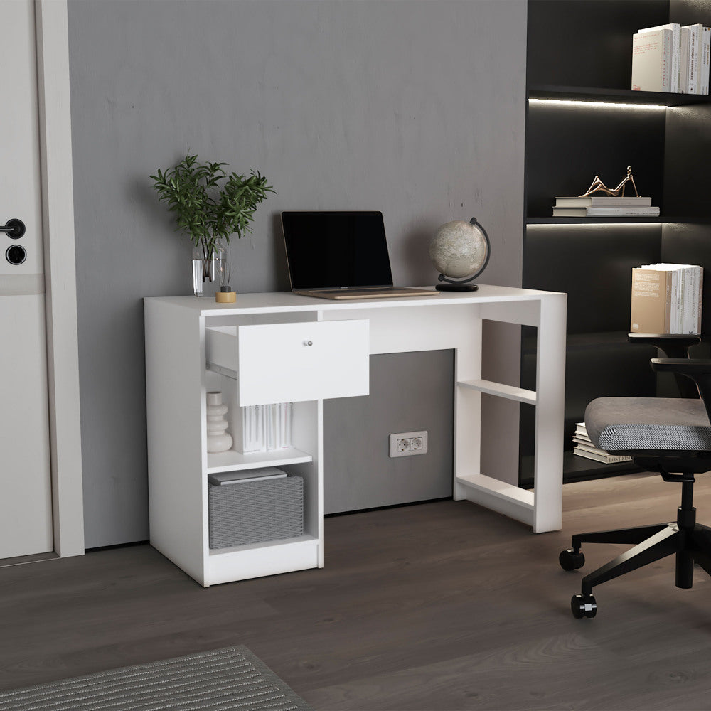 47" Modern Writing Desk with 1 Drawer + 4 Side Shelves | Generous Leg Clearance | Clean Minimalist Design | Sturdy Particle Board | Home Office, Living Room, Gaming Room | White/Black