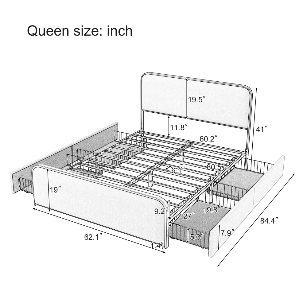 Queen/King Size Upholstered Platform Bed with 4 Storage Drawers | Curved Headboard & Footboard | 800 lbs Heavy Duty Metal Frame | 13 Steel Slats | No Box Spring | Beige