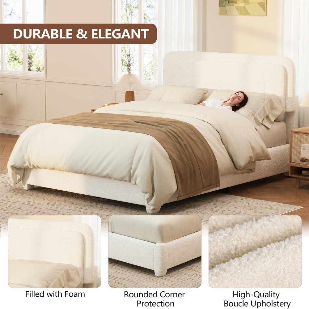 Full/Queen Size Boucle Platform Bed | Adjustable Curved Cloud Headboard 41"-43" | Foam Filled | Rounded Corner Protection | Low Profile | No Box Spring Needed | White