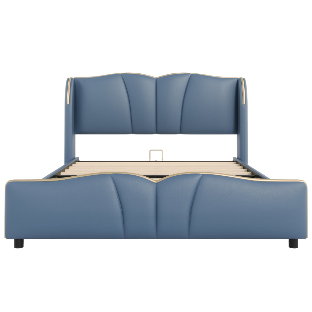 Queen Size PU Leather Wingback Platform Bed | Wave-Shaped Headboard & Footboard | 46.5" Tall Headboard | High-Resilience Sponge Fill | 800 lbs Wood Slats | No Box Spring Needed | Dark Green / Black / Antique Blue