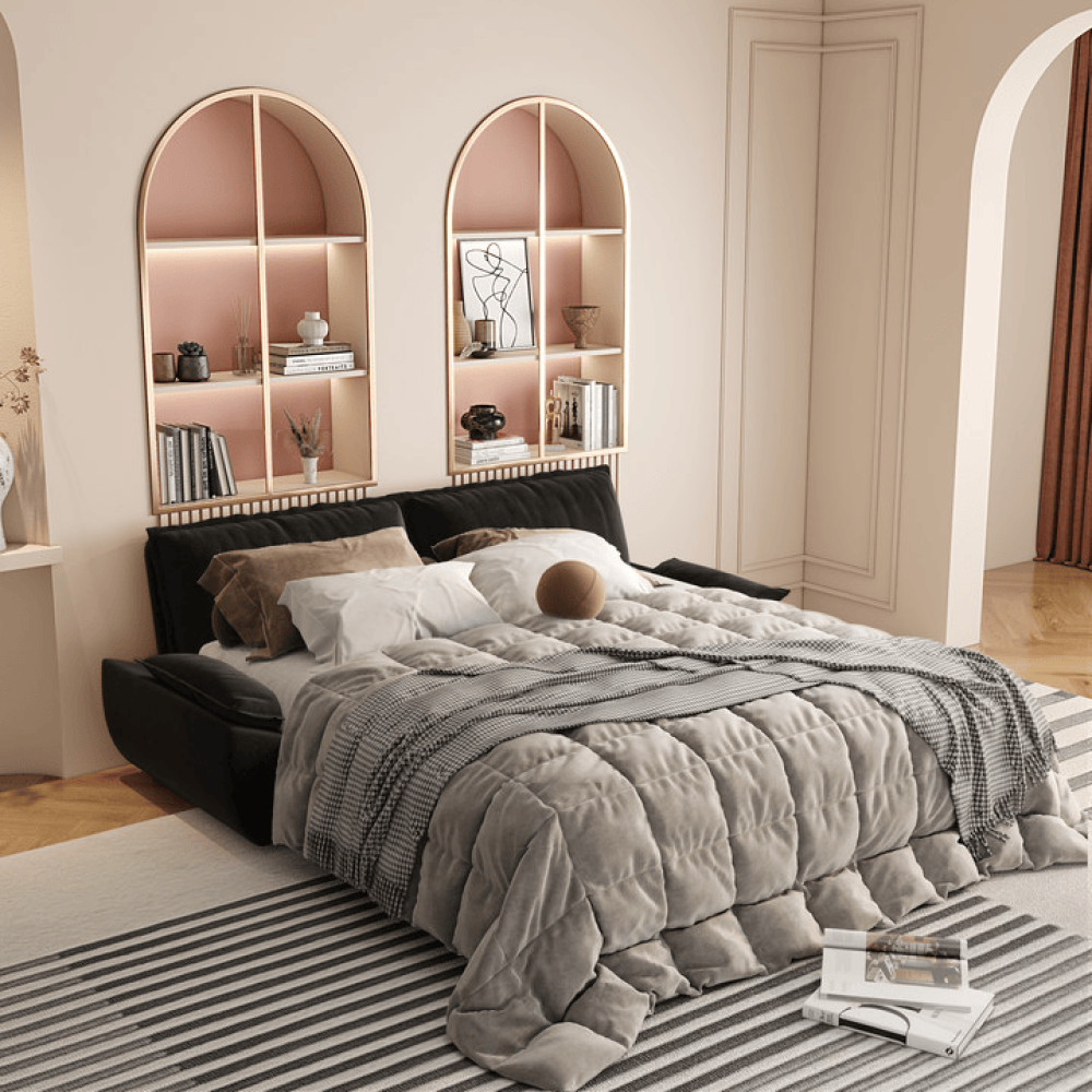 73.2" Queen Pull-Out Sofa Bed | 3-in-1 Convertible Sleeper Sofa | Chaise Lounge & King Bed | Premium Velvet + High-Density Foam | Steel Reinforced Frame | Space-Saving Modern Design | Beige/Gray/Camel/Blue