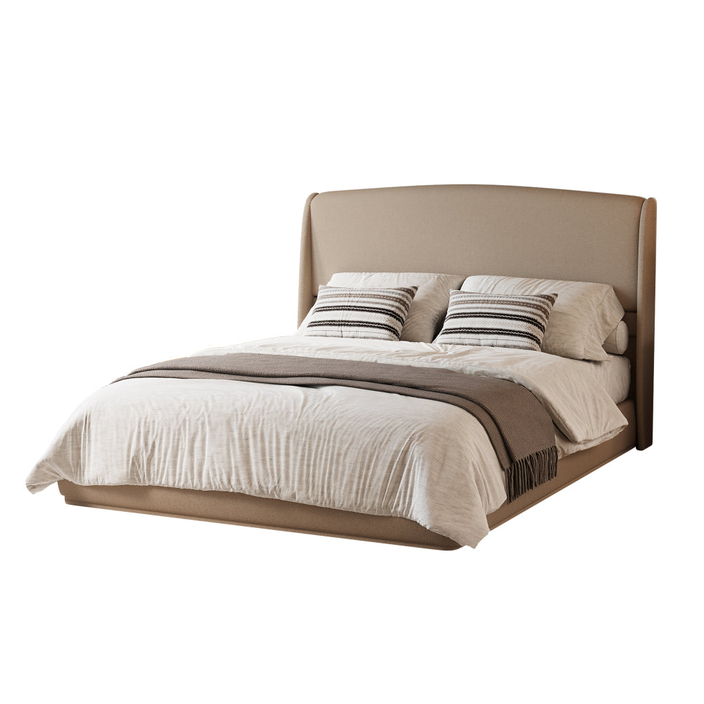 Queen Size Linen Upholstered Platform Bed | Curved Wingback Headboard | Fully Upholstered Frame | Solid Wood & Reinforced Slats | No Box Spring Needed | Easy Assembly | Beige / Brown